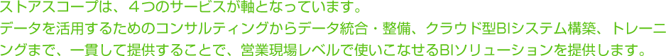 データを活用するためのコンサルティングからデータ統合・整備、クラウド型BIシステム構築、トレーニングまで、一貫して提供することで、営業現場レベルで使いこなせるBIソリューションを提供します。